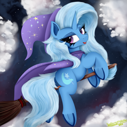 Size: 4000x4000 | Tagged: safe, artist:ser-p, trixie, pony, unicorn, g4, absurd resolution, broom, butt, cape, clothes, female, flying, hat, looking at you, looking back, looking back at you, mare, plot, signature, solo, trixie's cape, trixie's hat, underhoof, wizard hat