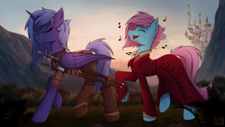 Size: 3840x2160 | Tagged: safe, artist:alicetriestodraw, princess luna, oc, alicorn, earth pony, pony, g4, annoyed, armor, boots, bush, canterlot, cape, chainmail, clothes, commission, complex background, crossover, female, geralt of rivia, grass, high res, horn, male, mare, mountain, music notes, outdoors, ponified, s1 luna, scar, scarred, shoes, singing, stallion, stone, sword, the witcher, walking, watermark, weapon, witcher