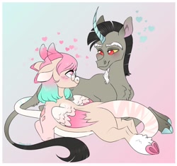 Size: 2048x1927 | Tagged: safe, artist:dozyarts, discord, oc, oc:dozy, draconequus, g4, blushing, canon x oc, female, heart, horn, lying down, pony discord, prone, species swap