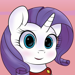 Size: 1024x1024 | Tagged: safe, ai assisted, ai content, artist:sparkfler85, generator:thisponydoesnotexist, part of a set, rarity, pony, unicorn, g4, abstract background, ai interpretation, blushing, bust, collar, cute, female, jewelry, looking at you, mare, necklace, open mouth, portrait, redraw, reference in the description, simple background, solo