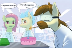 Size: 1800x1200 | Tagged: safe, artist:escapist, oc, oc:caspasin42, pony, birthday, cake, candle, clothes, fire, food, goggles, lab coat, laboratory, safety goggles, this will end in explosions