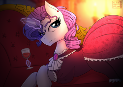 Size: 3077x2175 | Tagged: safe, artist:alicetriestodraw, derpibooru exclusive, rarity, pony, unicorn, g4, alcohol, clothes, couch, crossed hooves, curly hair, dress, ear piercing, fainting couch, fancy, female, frills, gala dress, gem, glass, high res, horn, jewelry, looking at you, lying down, magic, mare, piercing, simple background, smiling, smiling at you, telekinesis, watermark, wine, wine glass