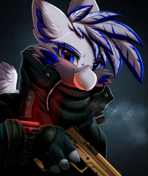 Size: 2532x3003 | Tagged: safe, artist:pridark, oc, oc only, oc:light speed, griffon, anthro, blue eyes, bust, clothes, commission, eyelashes, female, fingerless gloves, gloves, griffon oc, gun, handgun, high res, looking at you, pistol, portrait