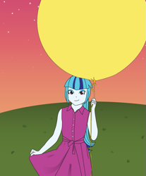 Size: 683x826 | Tagged: safe, artist:hakdurbin, sonata dusk, human, equestria girls, g4, balloon, clothes, cute, dress, dusk, female, grass, grass field, looking at you, smiling, smiling at you, sonatabetes, stars, sunset