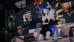 Size: 3840x2160 | Tagged: safe, artist:arcanetesla, oc, oc only, oc:skylar helix, pegasus, anthro, 3d, armpits, bikini, bikini top, blender, blender cycles, clothes, couch, eyes closed, female, high res, skirt, solo, spread wings, stretching, swimsuit, wings