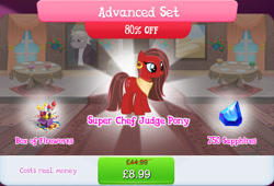 Size: 1268x864 | Tagged: safe, gameloft, idw, sangria sizzle, zesty gourmand, earth pony, pony, g4, advanced set, brown mane, brown tail, bundle, costs real money, ear piercing, earring, english, female, fireworks, idw showified, jewelry, mare, necklace, nose piercing, numbers, piercing, red coat, red fur, sale, solo, tail, text