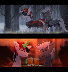 Size: 3840x4047 | Tagged: safe, artist:alicetriestodraw, oc, oc only, bat pony, pony, unicorn, 2 panel comic, alcohol, armor, beer, clothes, comic, commission, complex background, drinking, duo, duo male, eyepatch, eyes closed, foam, forest, horn, magic, male, mug, multicolored hair, scar, scarf, scarred, snow, snowfall, stallion, subtitles, tavern, telekinesis, text, walking, winter