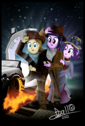 Size: 2593x3823 | Tagged: safe, artist:tidmouthmilk12, starlight glimmer, twilight sparkle, oc, oc:tidmouth milk, human, equestria girls, g4, back to the future, back to the future part 3, car, delorean, equestria girls-ified, female, high res, male, movie poster, trio, vector