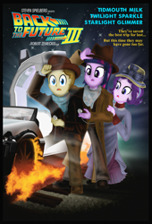 Size: 2593x3823 | Tagged: safe, artist:tidmouthmilk12, starlight glimmer, twilight sparkle, oc, oc:tidmouth milk, human, equestria girls, g4, back to the future, back to the future part 3, car, delorean, equestria girls-ified, female, high res, humanized, male, movie poster, trio, vector