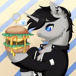 Size: 2480x2480 | Tagged: safe, artist:elberas, oc, oc only, oc:black cross, pony, unicorn, burger, cheese, commission, ear piercing, food, high res, male, pickle, piercing, solo, stallion, ych result