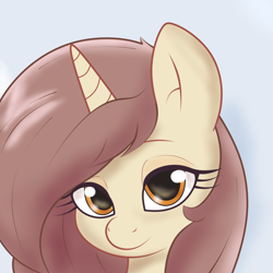 Size: 1024x1024 | Tagged: safe, ai assisted, ai content, artist:sparkfler85, generator:thisponydoesnotexist, part of a set, oc, oc only, oc:hymyt, pony, unicorn, ai interpretation, bust, cute, female, looking at you, mare, portrait, redraw, reference in the description, simple background, solo