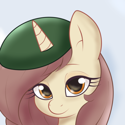 Size: 1024x1024 | Tagged: safe, ai assisted, ai content, alternate version, artist:sparkfler85, generator:thisponydoesnotexist, part of a set, oc, oc only, oc:hymyt, pony, unicorn, bust, cute, female, hat, portrait, redraw, simple background, solo