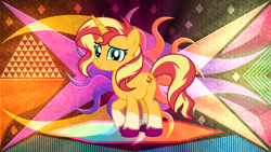 Size: 3840x2160 | Tagged: safe, artist:laszlvfx, edit, sunset shimmer, pony, unicorn, g4, cloven hooves, coat markings, cute, female, high res, looking at you, mare, next generation, raised hoof, shimmerbetes, smiling, socks (coat markings), wallpaper, wallpaper edit