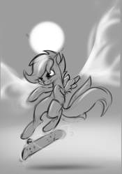 Size: 611x871 | Tagged: safe, artist:applepost67, scootaloo, pegasus, pony, g4, confident, female, filly, foal, monochrome, simple background, skateboard, skateboarding, sun