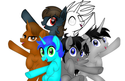 Size: 1300x850 | Tagged: safe, artist:coraline0101, artist:kurisha-chan, oc, oc only, oc:black cross, oc:hearts dalliance, oc:plasmid light, oc:rustle subterranean, oc:ventus valentine, oc:wyvern hoover, alicorn, bat pony, pony, unicorn, base used, best friends until the end of time, commission, female, male, mare, simple background, stallion, transparent background, vector, ych result