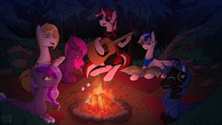 Size: 3840x2160 | Tagged: safe, artist:alicetriestodraw, oc, oc only, alicorn, cyborg, pegasus, pony, protogen, unicorn, armor, bandana, blanket, boulder, campfire, clothes, commission, eyepatch, female, fire, food, forest, giggling, glasses, grass, group, guitar, heterochromia, high res, horn, laughing, looking at each other, looking at someone, male, map, mare, marshmallow, moss, multicolored hair, musical instrument, night, outdoors, playing instrument, roasted marshmallow, roasting, rock, scar, scarred, sextet, socks, stallion, stick, tree, wings