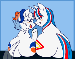 Size: 1913x1525 | Tagged: safe, artist:/d/non, oc, oc only, oc:bleach pone, oc:tide pone, pony, unicorn, bedroom eyes, bleach, blue hair, blushing, both cutie marks, butt, butt to butt, butt touch, clorox, female, laughing, licking, licking lips, mare, plot, raised hoof, simple background, the ass was fat, tide pods, tide pony, tongue out, white fur, x3