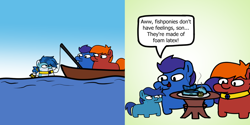 Size: 1436x720 | Tagged: safe, artist:fluttershank, oc, oc:aqua sapphire, earth pony, merpony, pony, boat, cannibalism, comic, crying, dialogue, fishing, fishing rod, foal, food, jewelry, seafood, simple background, speech bubble, squatpony, table, the grim adventures of billy and mandy, water