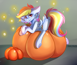 Size: 1500x1273 | Tagged: safe, artist:yuris, rainbow dash, pegasus, pony, g4, backwards cutie mark, butt, dock, ears back, female, frog (hoof), halloween, holiday, lip bite, plot, pumpkin, simple background, smiling, solo, spread wings, tail, underhoof, wings