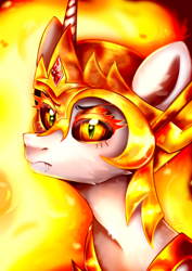 Size: 2150x3035 | Tagged: safe, artist:pozya1007, daybreaker, princess celestia, alicorn, pony, g4, bust, evil, eyebrows, female, frown, high res, mare, portrait, princess, solo