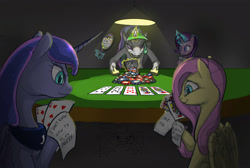 Size: 4000x2688 | Tagged: safe, artist:ciborgen, fluttershy, princess celestia, princess luna, spike, starlight glimmer, alicorn, dragon, pegasus, pony, unicorn, g4, cheating, glowing, glowing horn, horn, levitation, magic, mirror, poker, telekinesis, this will end in a trip to the moon