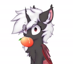 Size: 2333x2048 | Tagged: safe, artist:verlista, oc, oc only, bat pony, changeling, hybrid, bat pony changeling, biting, cheek fluff, chest fluff, commission, ear fluff, ear tufts, eye clipping through hair, fluffy, food, frown, herbivore, high res, juice, looking at you, mango, nom, simple background, sitting, solo, white background, wide eyes