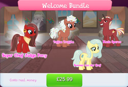Size: 1263x860 | Tagged: safe, gameloft, idw, blade sparxx, sangria sizzle, summer van der hoof, toffee truffle, zesty gourmand, earth pony, pony, unicorn, g4, blue mane, blue tail, brown coat, brown fur, bundle, colored horn, costs real money, ear piercing, earring, english, female, group, horn, idw showified, jewelry, male, mare, necklace, nose piercing, numbers, piercing, red coat, red fur, short mane, short tail, stallion, table, tail, text, welcome bundle, white mane, white tail, yellow coat, yellow fur, yellow mane, yellow tail
