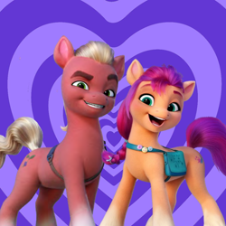 Size: 1050x1050 | Tagged: safe, artist:themexicanpunisher, sprout cloverleaf, sunny starscout, earth pony, pony, g5, my little pony: a new generation, card, couple, duo, female, male, mare, request, ship:sunnyclover, shipping, stallion, straight