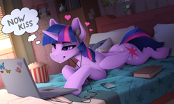 Size: 2530x1515 | Tagged: safe, artist:yakovlev-vad, twilight sparkle, alicorn, pony, shark, bed, bedroom, bedroom eyes, blanket, book, colored, computer, cute, earbuds, female, folded wings, food, heart, laptop computer, lying down, mare, now kiss, on bed, pillow, plushie, popcorn, prone, shark plushie, shipper on deck, slim, smiling, smirk, solo, thought bubble, twiabetes, twilight sparkle (alicorn), twilight the shipper, wings