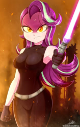 Size: 640x1020 | Tagged: safe, artist:the-butch-x, starlight glimmer, human, equestria girls, g4, angry, armpits, bare shoulders, breasts, busty starlight glimmer, clothes, female, gloves, lightsaber, looking at you, mara jade, orange eyes, reasonably sized breasts, sith, sleeveless, solo, star wars, tank top, weapon, yellow eyes