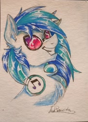 Size: 2311x3198 | Tagged: safe, artist:dankpegasista, dj pon-3, vinyl scratch, pony, unicorn, g4, blue hair, bust, colored pencil drawing, drawing, glasses, headphones, high res, photo, portrait, solo, traditional art, vinyl's glasses