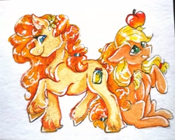 Size: 3000x2397 | Tagged: safe, artist:dankpegasista, applejack, pear butter, earth pony, pony, g4, apple, buttercup, duo, female, flower, flower in hair, food, full body, high res, mare, mother and child, mother and daughter, painting, playing, proud, traditional art