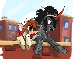 Size: 1543x1189 | Tagged: safe, artist:thescornfulreptilian, arizona (tfh), king sombra, cow, pony, unicorn, them's fightin' herds, g4, armor, bandana, cloven hooves, colored horn, community related, crossover, curved horn, horn, you seeing this shit