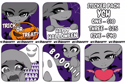 Size: 2772x1864 | Tagged: safe, artist:shavurrr, pony, advertising, commission, emotes, halloween, holiday, looking at you, pumpkin, sticker, sticker set, your character here