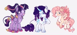 Size: 3159x1459 | Tagged: safe, artist:memebigboi5, fluttershy, rarity, twilight sparkle, alicorn, classical unicorn, pegasus, pony, unicorn, g4, chest fluff, chin fluff, cloven hooves, ethereal mane, ethereal wings, feathered fetlocks, female, horn, leonine tail, mare, simple background, trio, twilight sparkle (alicorn), unshorn fetlocks, white background, wings