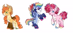 Size: 3159x1459 | Tagged: safe, artist:memebigboi5, applejack, pinkie pie, rainbow dash, earth pony, pegasus, pony, chest fluff, chin fluff, coat markings, colored wings, ear fluff, feathered fetlocks, female, hooves, mare, multicolored hooves, multicolored wings, rainbow wings, rearing, simple background, tail, tail feathers, trio, unshorn fetlocks, white background, wings