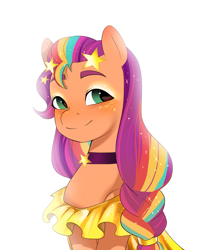 Size: 1641x2048 | Tagged: safe, artist:aztrial, sunny starscout, earth pony, pony, g5, braid, braided ponytail, clothes, cute, dress, female, mane stripe sunny, mare, multicolored hair, ponytail, rainbow hair, simple background, smiling, solo, sunnybetes, white background
