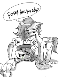 Size: 1080x1350 | Tagged: safe, artist:jully-park, posey bloom, windy, earth pony, pegasus, pony, g5, my little pony: make your mark, my little pony: tell your tale, black and white, doodle, drunk, female, grayscale, lesbian, mare, monochrome, ship:poseywind, shipping, simple background