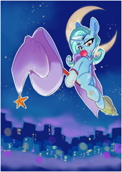 Size: 2480x3508 | Tagged: safe, artist:i love hurt, trixie, pony, unicorn, g4, bandage, broom, bubblegum, cape, city, clothes, crescent moon, female, flying, flying broomstick, food, gum, hat, mare, moon, night, solo, stars, trixie's cape, trixie's hat, witch