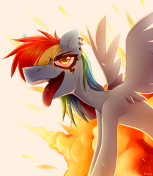 Size: 2000x2300 | Tagged: safe, artist:rtootb, rainbow dash, pegasus, pony, g4, ear piercing, evil grin, explosion, grin, high res, open mouth, piercing, punk, simple background, smiling, solo, thin, tongue out, tongue piercing