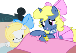 Size: 1920x1346 | Tagged: safe, artist:grapefruit-face, oc, oc only, oc:azure/sapphire, oc:petticoat, pony, unicorn, commission, crossdressing, drag princess, duo, femboy, male, mother and child, mother and daughter, simple background, sleeping, transparent background, tucking in, ych result