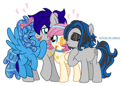 Size: 1000x709 | Tagged: safe, artist:jennieoo, oc, oc:gentle star, oc:maverick, oc:ocean soul, oc:shadow dweller, earth pony, pegasus, pony, :3, bow, cheek kiss, cute, eyepatch, friends, group, hair bow, happy, hug, kissing, ocbetes, ponytail, show accurate, simple background, smiling, snuggling, tongue out, transparent background, vector