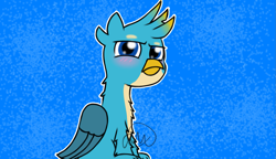 Size: 1735x1000 | Tagged: safe, artist:girlduog, gallus, griffon, g4, back fluff, blue background, blushing, chest fluff, folded wings, looking at you, male, narrowed eyes, outline, simple background, sitting, solo, sparkly background, white outline, wings