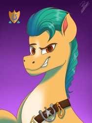 Size: 768x1024 | Tagged: safe, artist:amandascxd, hitch trailblazer, earth pony, pony, g5, gradient background, male, raised eyebrow, smiling, solo, stallion, teeth, toothy grin