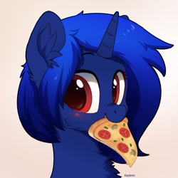 Size: 2067x2067 | Tagged: safe, artist:kaylemi, oc, oc only, oc:xeno (iraven), pony, bust, female, food, high res, pizza, simple background, solo