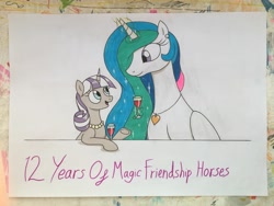 Size: 4032x3024 | Tagged: safe, artist:killerteddybear94, princess celestia, twilight velvet, alicorn, pony, unicorn, mlp fim's twelfth anniversary, g4, alcohol, cute, duo, glass, jewelry, looking at each other, looking at someone, necklace, pendant, traditional art, wine, wine glass