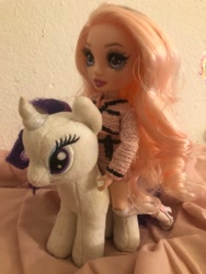 Size: 1536x2048 | Tagged: safe, artist:user15432, rarity, human, unicorn, g4, barely pony related, bedroom, bella parker, crossover, doll, duo, female, humans riding ponies, irl, photo, plushie, rainbow high, riding, toy