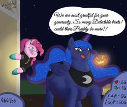 Size: 7405x6213 | Tagged: safe, artist:magicghostslime, pinkie pie, princess luna, alicorn, earth pony, pony, series:luna's halloween treat feast, absurd resolution, belly, big belly, blushing, chubby cheeks, dialogue, double chin, duo, duo female, fat, female, halloween, holiday, incentive drive, jack-o-lantern, looking at you, night, nightmare night, note expansion, princess moonpig, pumpkin, speech bubble, stars, talking to viewer, weight gain, weight gain sequence