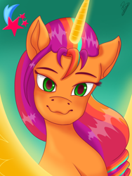 Size: 768x1024 | Tagged: safe, artist:amandascxd, sunny starscout, alicorn, pony, g5, my little pony: a new generation, artificial horn, artificial wings, augmented, female, looking at you, mane stripe sunny, race swap, smiling, solo, sunnycorn, wings