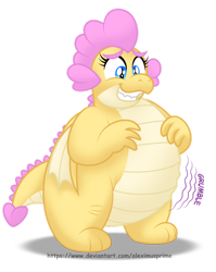Size: 900x1132 | Tagged: safe, artist:aleximusprime, oc, oc only, oc:buttercream, oc:buttercream the dragon, dragon, flurry heart's story, belly, big belly, cute, dragon oc, dragoness, fat, female, hungry, non-pony oc, simple background, smiling, solo, stomach growl, stomach noise, transparent background